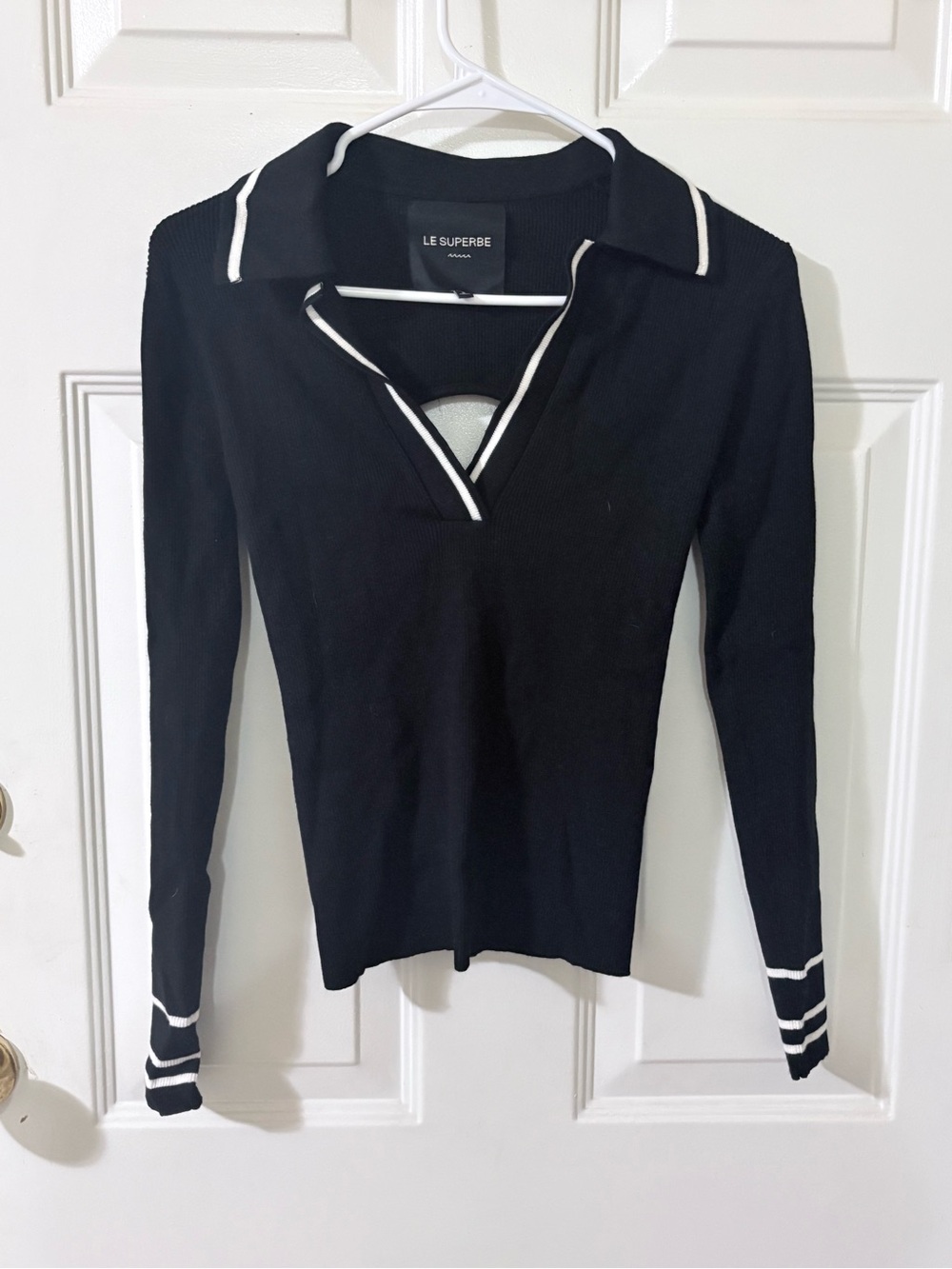 Black Polo-Style Long Sleeve Top with White Trim Open Back